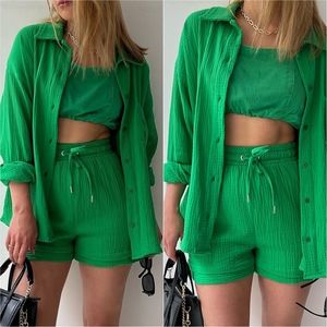 Joanna Button Up Shirt & Shorts Set - Deep Green